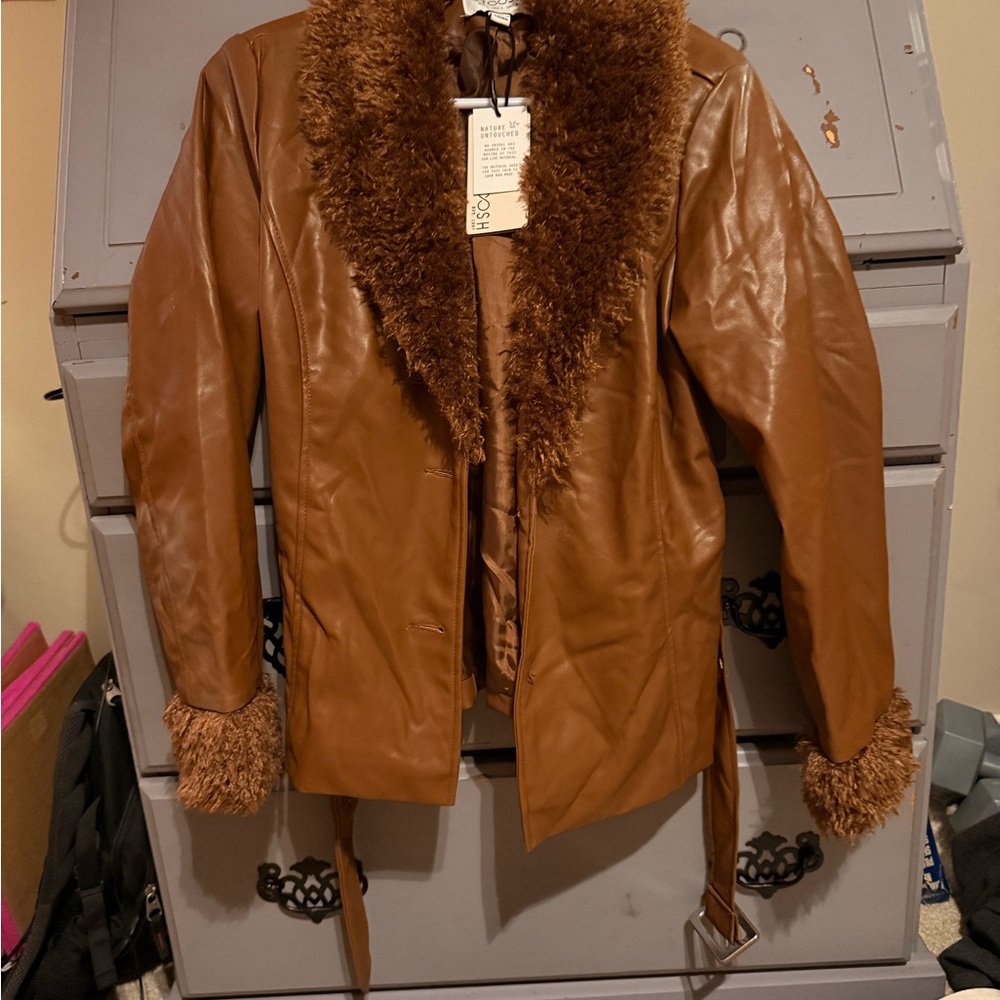Brown Faux Fur Trim Leather Jacket